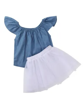 Baby Little Girl Clothes Outfits Off-shoulder Flutter Sleeve Denim Top   White Mesh Skirt