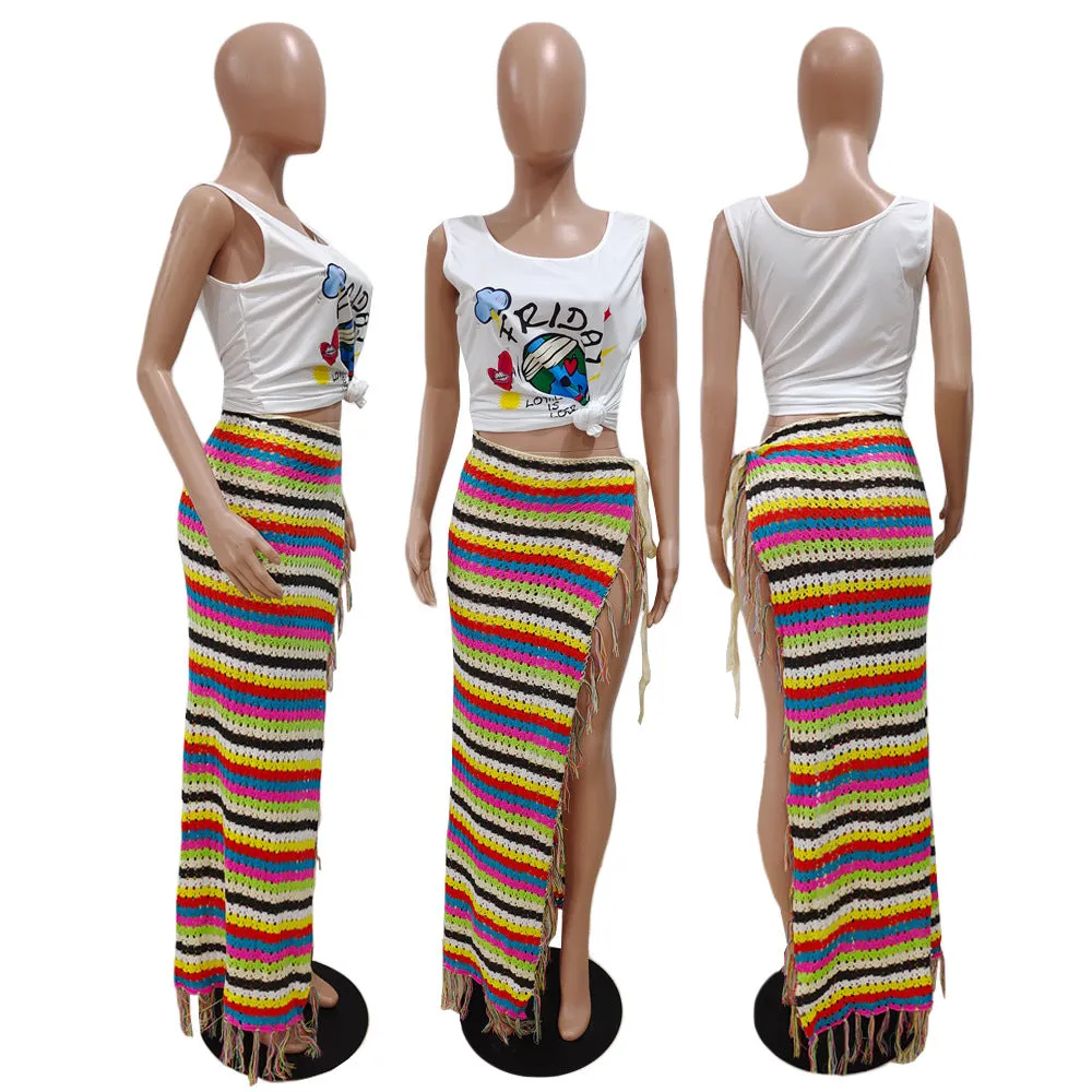 Colorful Crochet & Tassel Beach Skirt