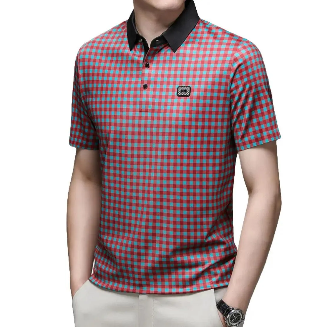 DomiGe Men's Summer Ice Silk Polo Shirt Business Casual Short Sleeve