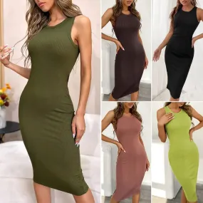 Lady Sundress Women Dress Solid Color Ribbed Summer Stretchy Hip Wrap Midi Dress Streetwear