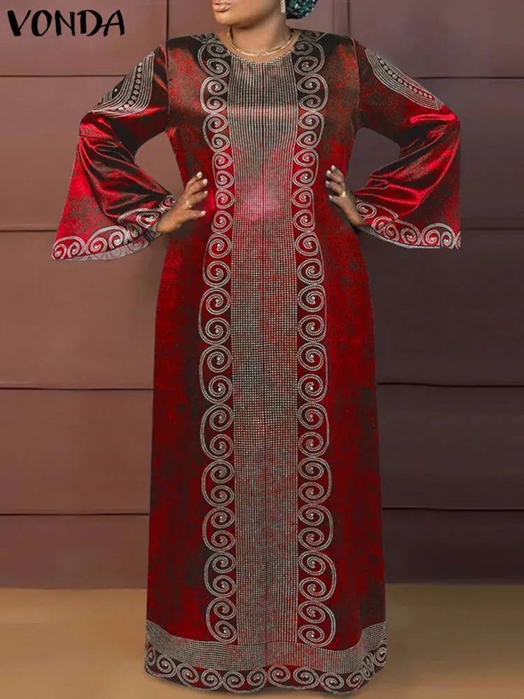 Plus Size VONDA Women Vintage Maxi Long Dress 2024 Bohemian Printed Sundress Elegant Flare Long Sleeve Loose Robe Casual Vestido