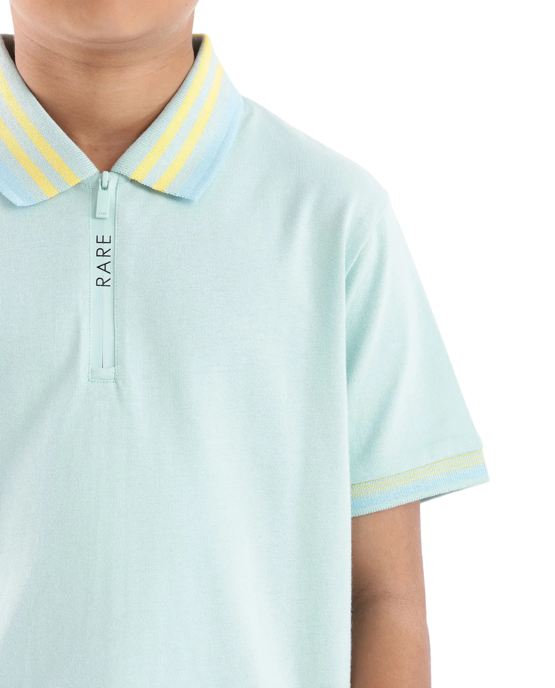 Rare Ones Kids Zyto Pastel Green Cotton Short Sleeve Zipper Solid Polo