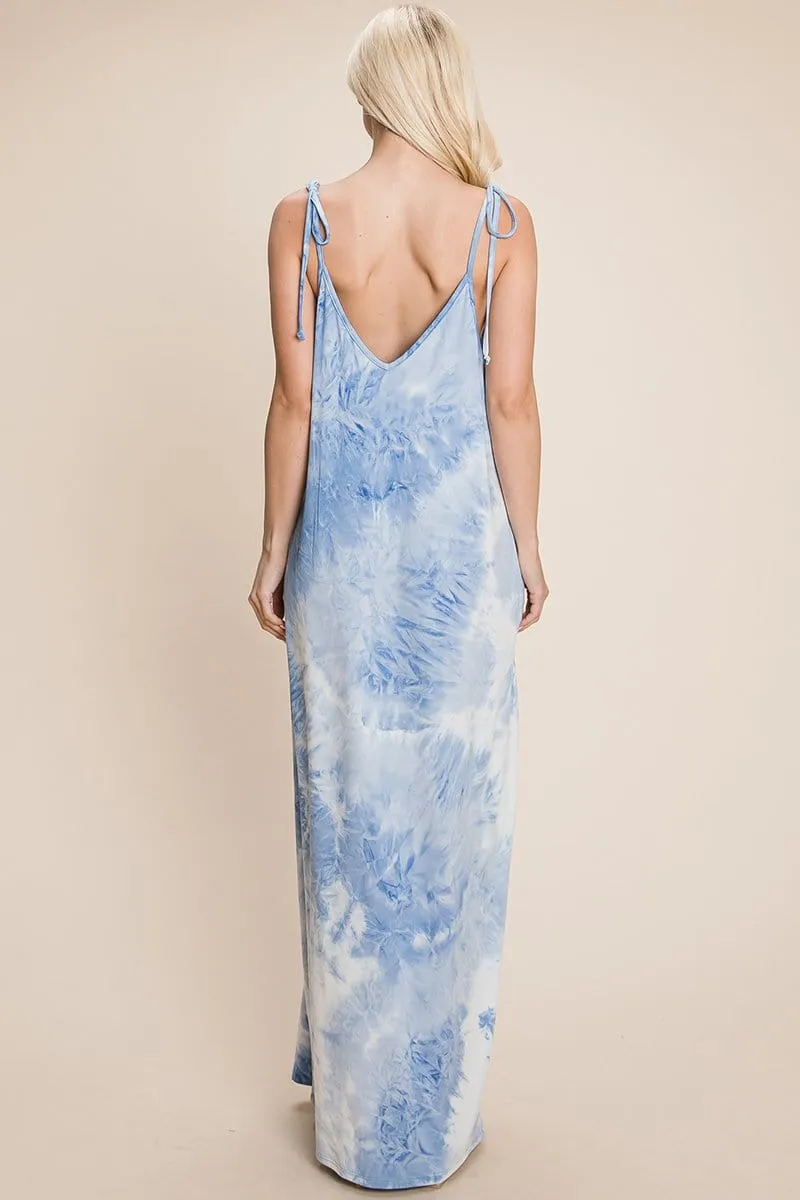 Sleeveless spaghetti strap Tie Dye Maxi dress with side pockets