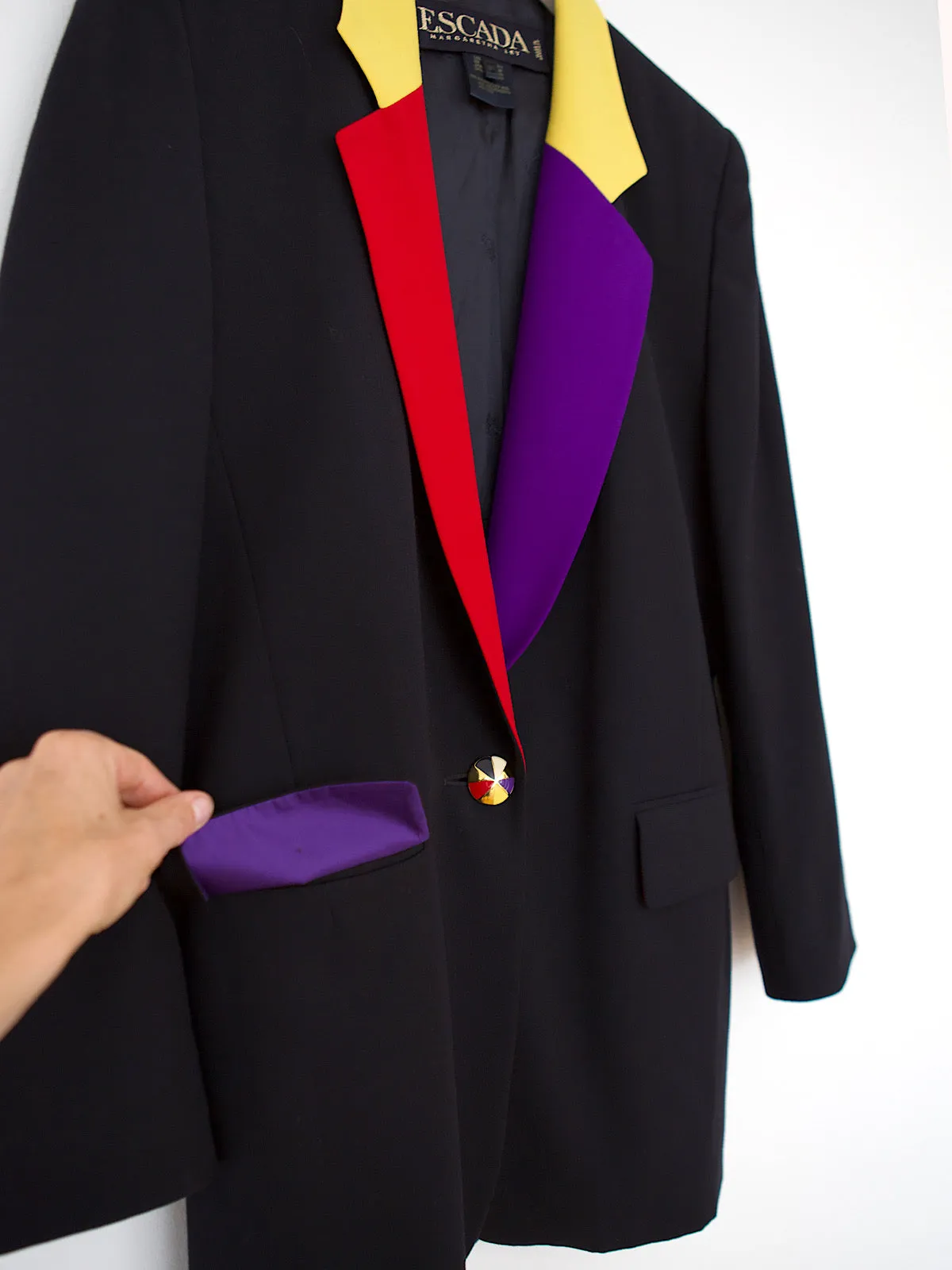 Vintage Escada black wool smart blazer jacket multicoloured details